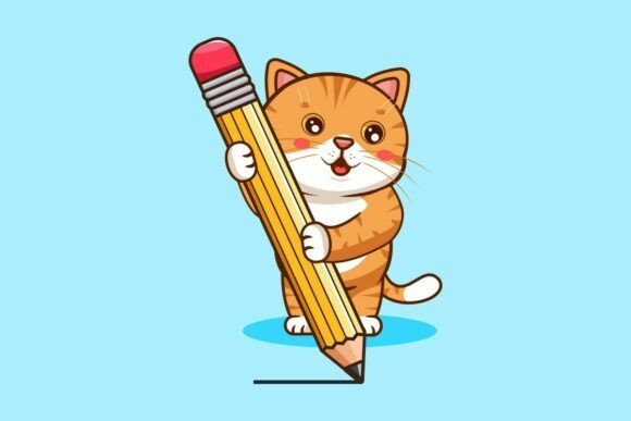 Cute Cat Drawing with a Big Pencil