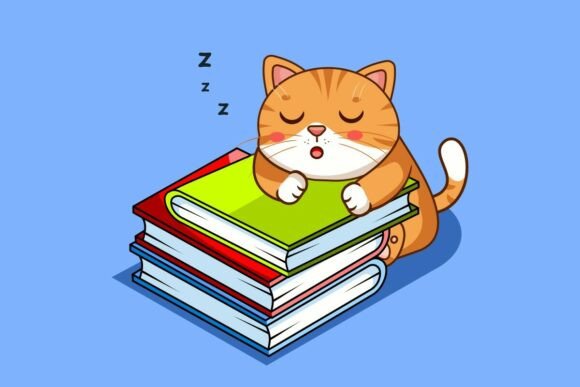 Cute Cat Sleeping on Stack of Books