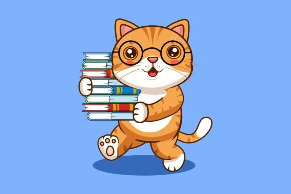 Cute Cat Wearing Glasses Carrying Books