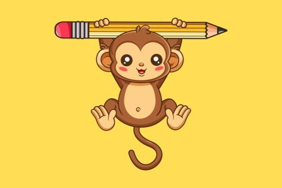 Cute Monkey Hanging from Pencil