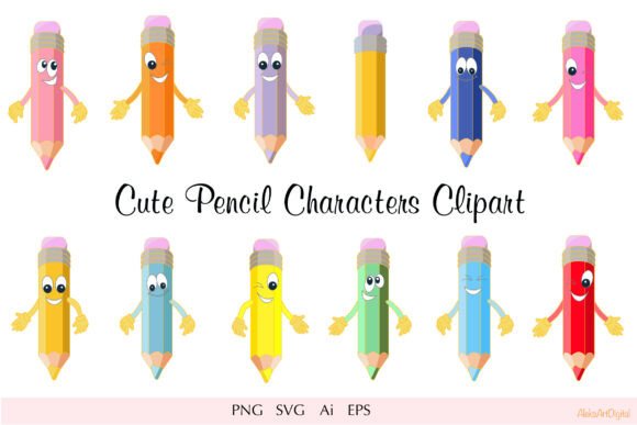 Cute Pencil Characters School Clipart
