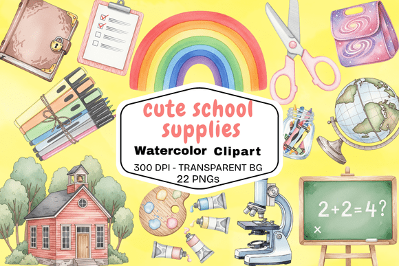 Cute Watercolor School Supply Clipart