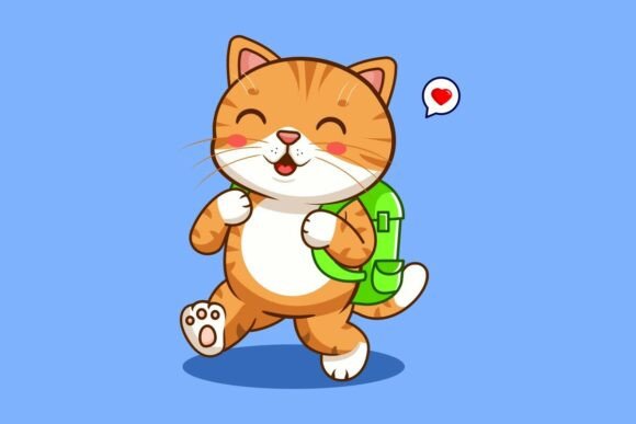 Happy Cat Student Walking with Backpack